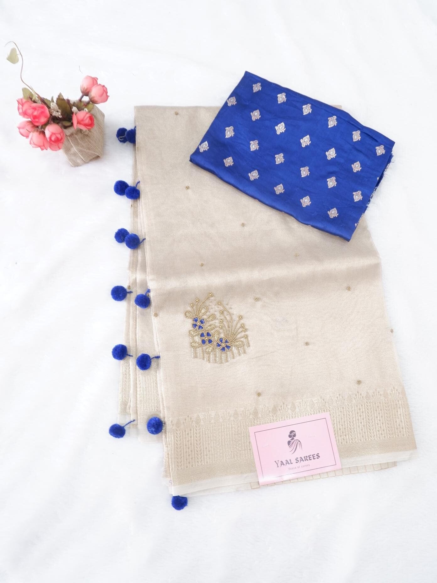 Beige & Royal Blue Tissue Saree with Hand Embroidery
