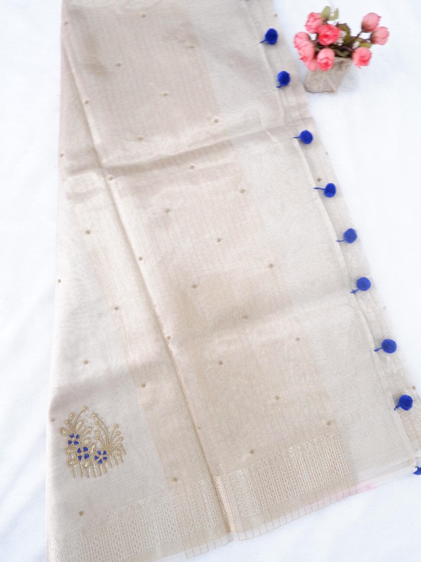 Beige & Royal Blue Tissue Saree with Hand Embroidery