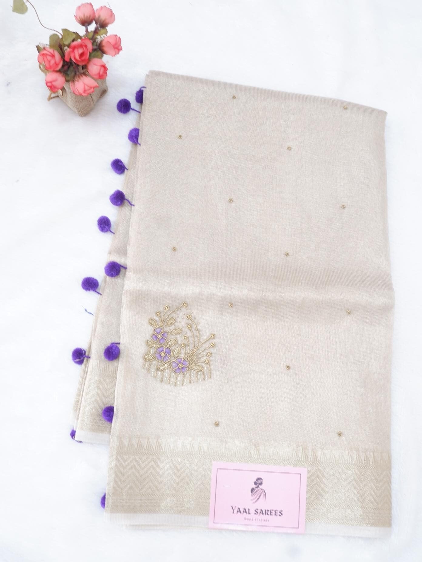 Beige & Purple Tissue Saree with Hand Embroidery