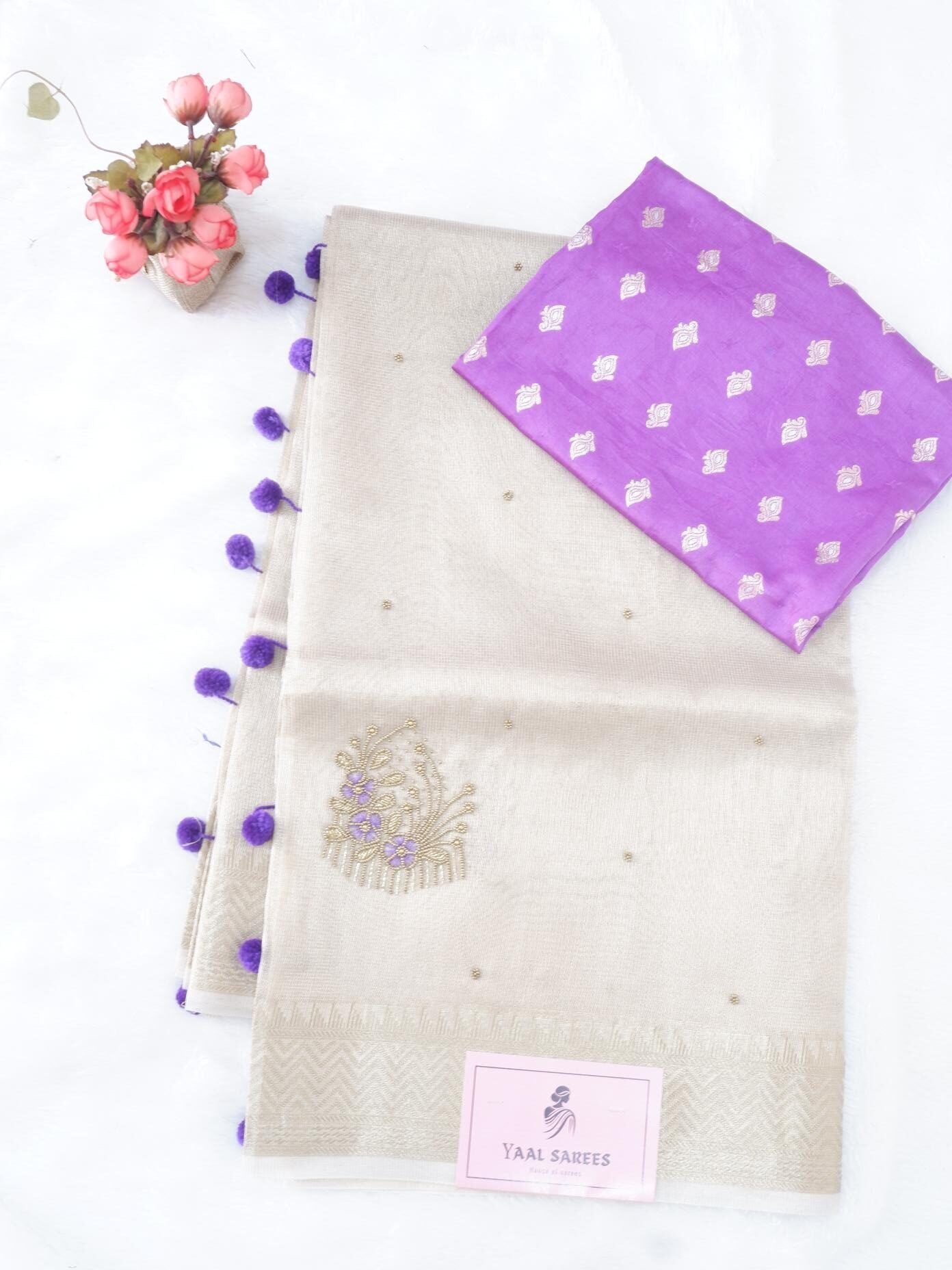 Beige & Purple Tissue Saree with Hand Embroidery
