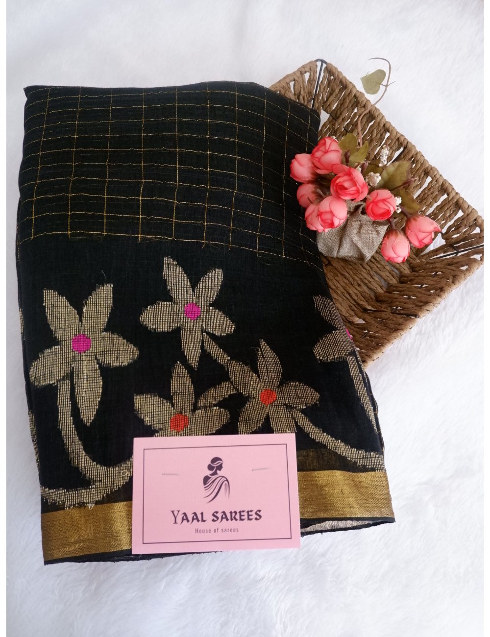 Black Linen Saree with Jamdhani Weaving
