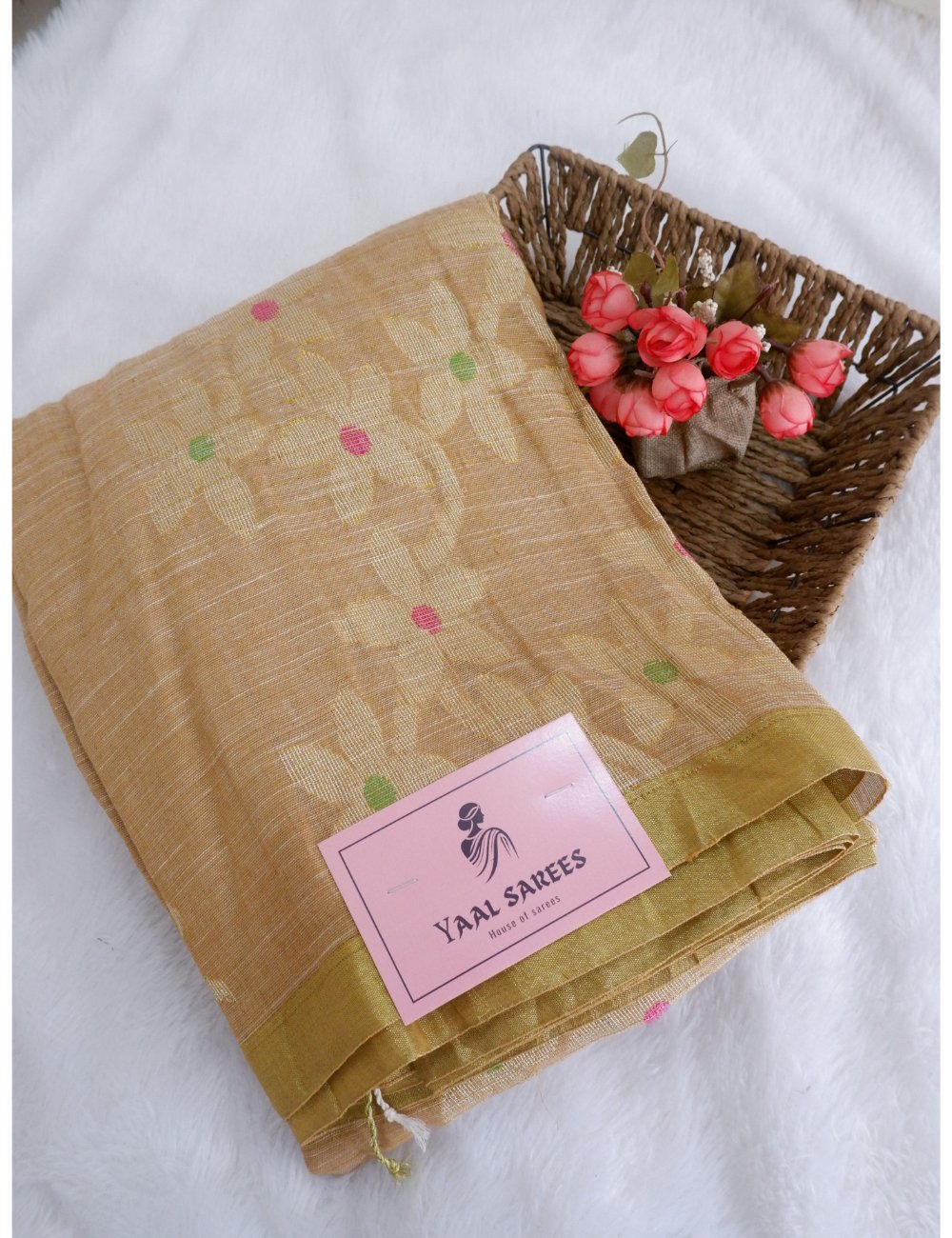 Sandal Linen Saree with Jamdhani Weaving