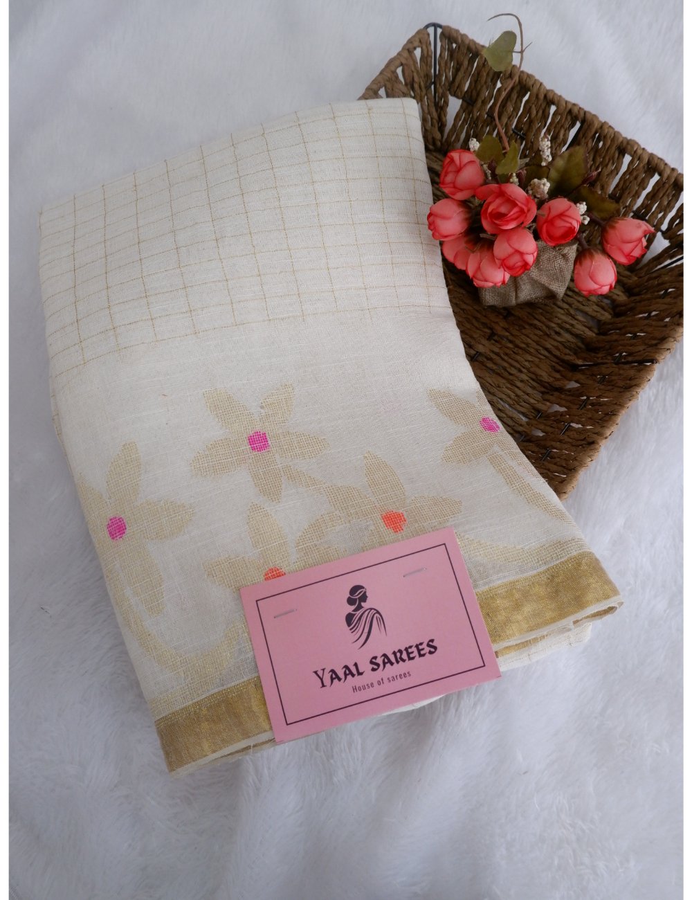 White Linen Saree with Jamdhani Weaving