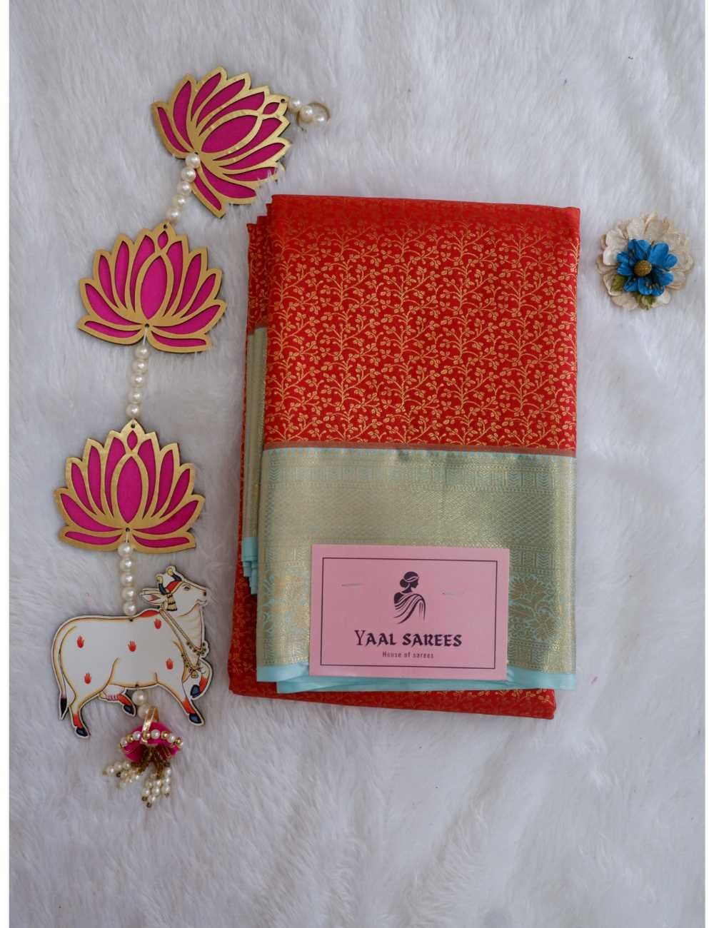 Red & Mint Blue Semi Silk Saree