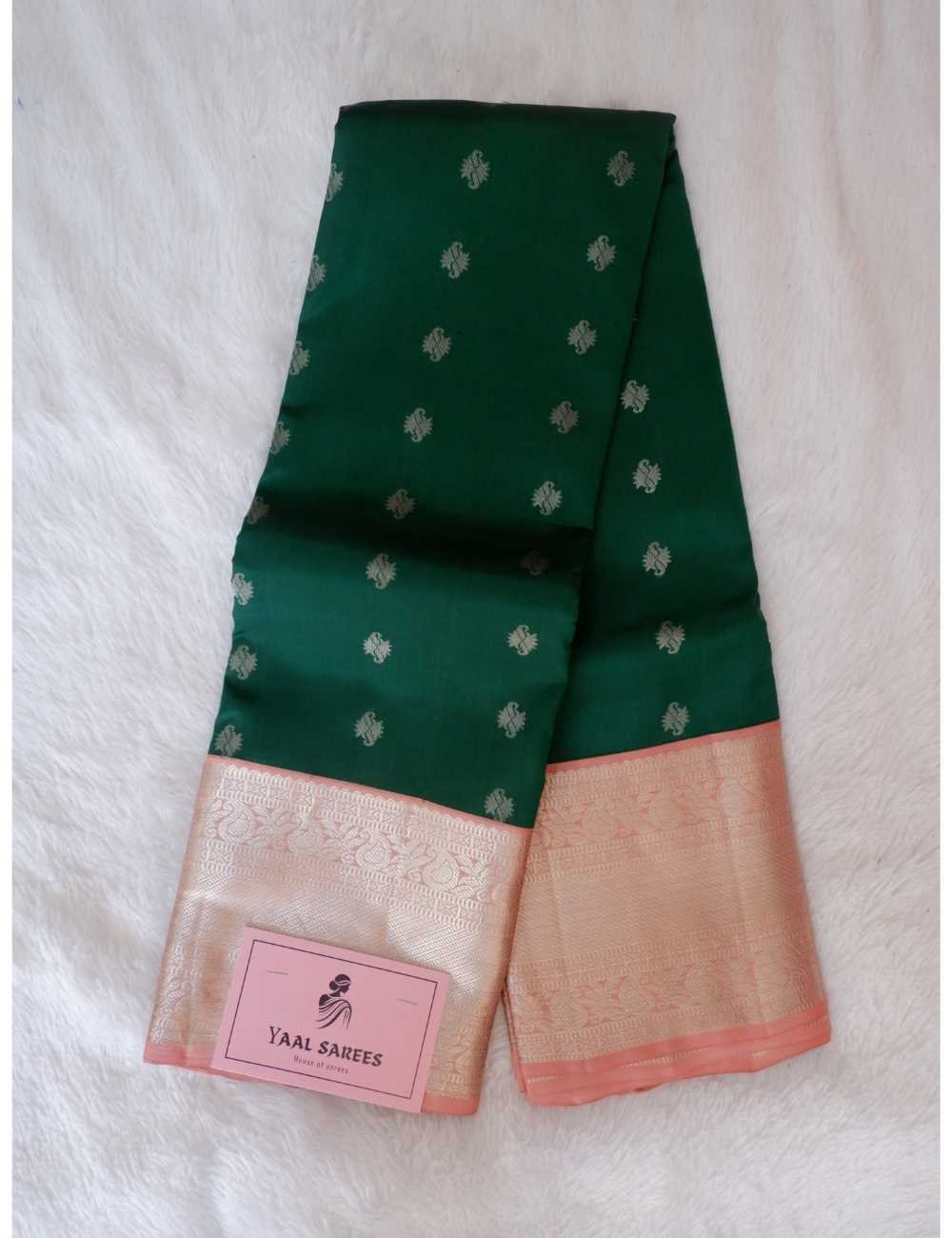 Dark Green & Peach Pure Silk Saree