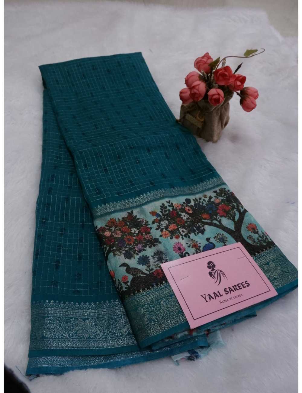Teal Green Checked Chinon Silk Saree Online