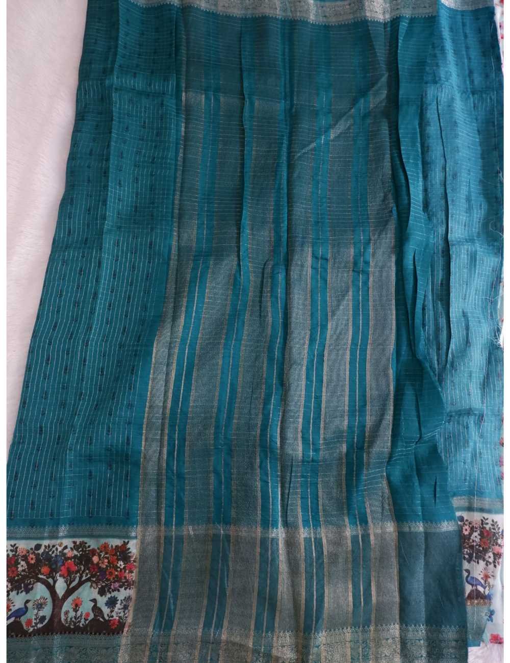 Teal Green Checked Chinon Silk Saree Online