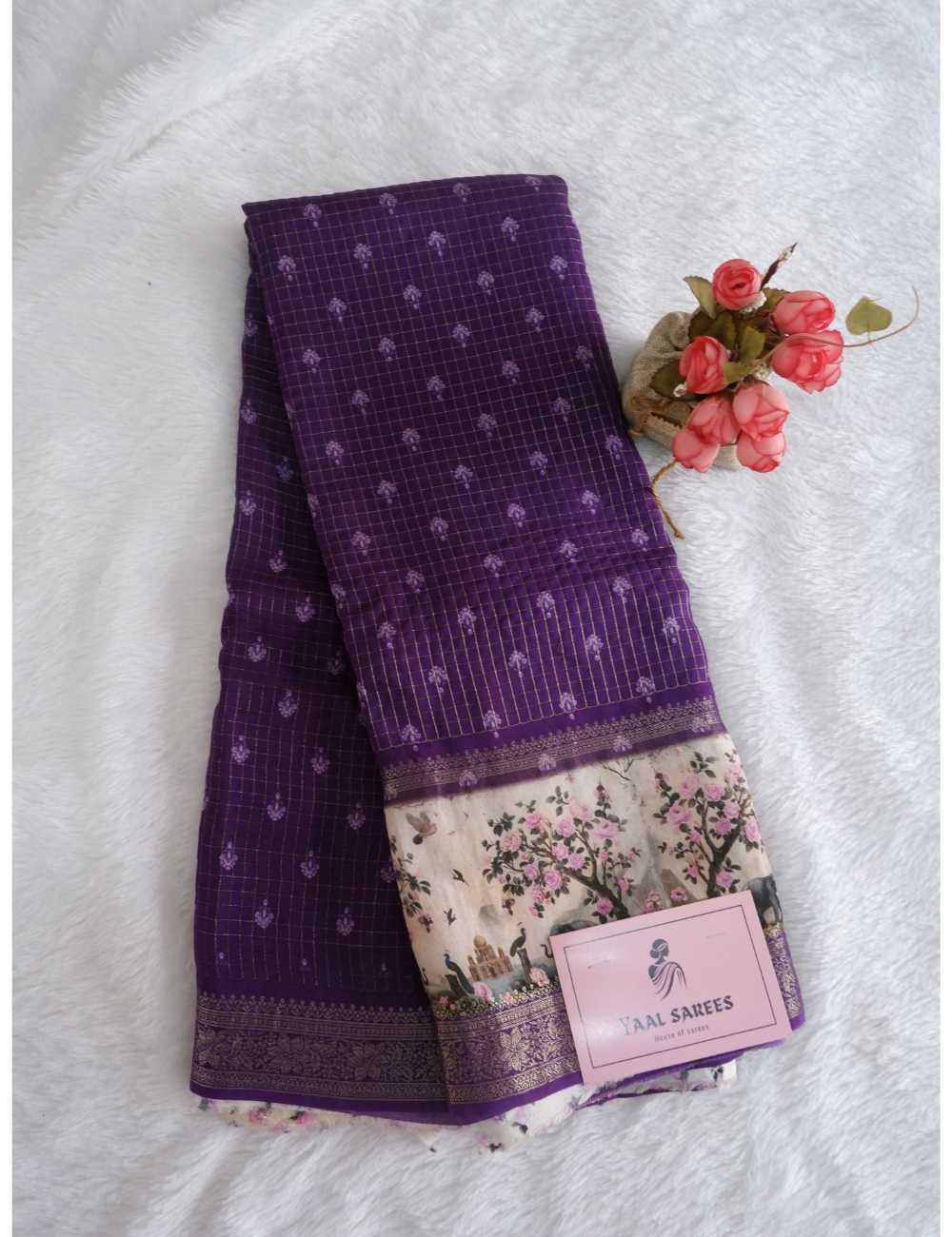 Purple Checked Chinon Silk Saree
