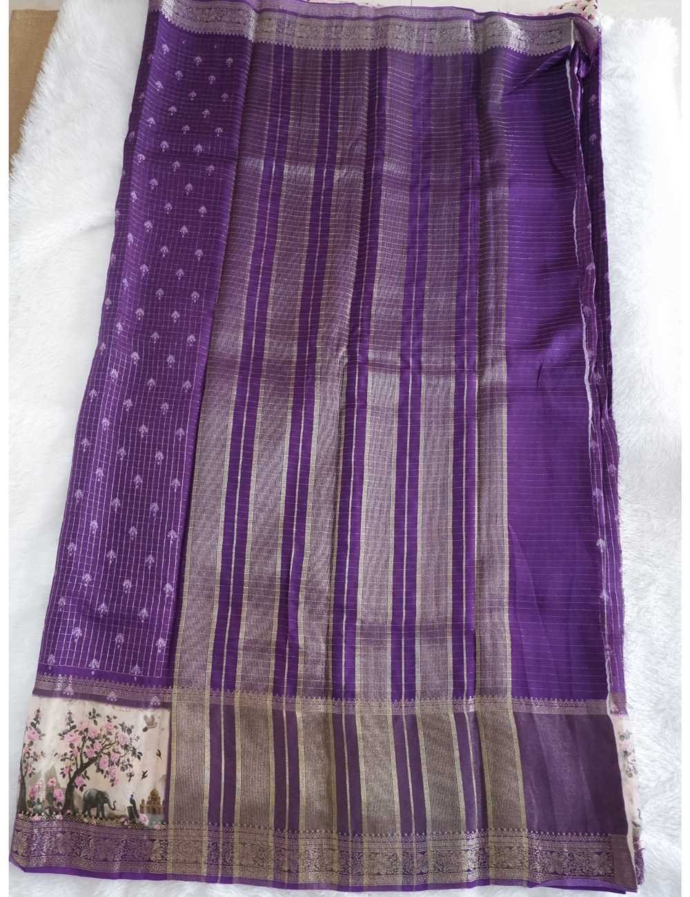 Purple Checked Chinon Silk Saree