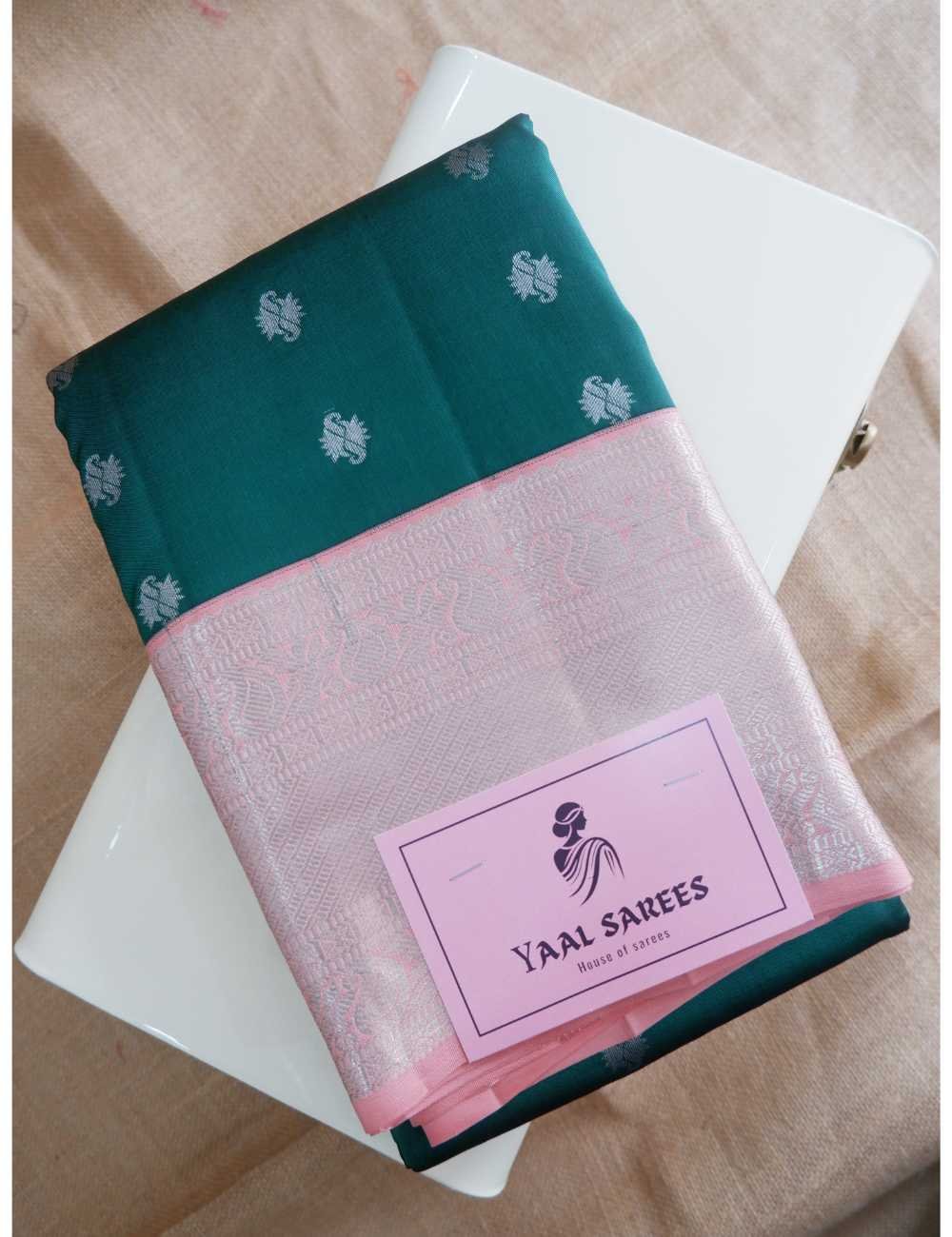 Dark Green & Peach Pure Silk Saree