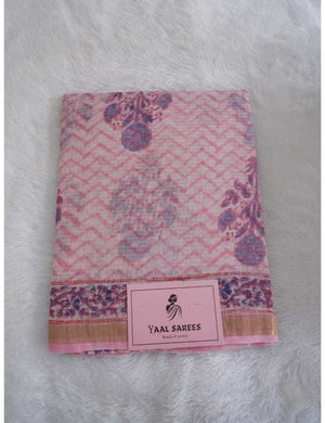 Baby Pink Kota Doria Saree with Floral Block Print Online