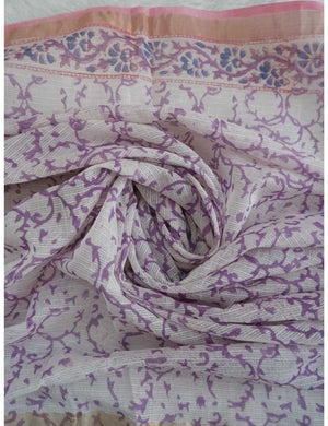 Baby Pink Kota Doria Saree with Floral Block Print Online