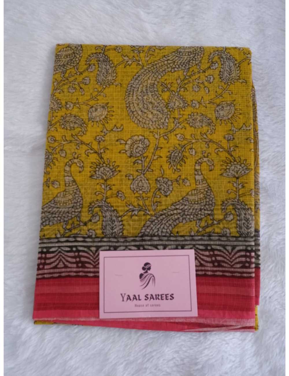 Mustard Kota Doria Saree with Pink Border
