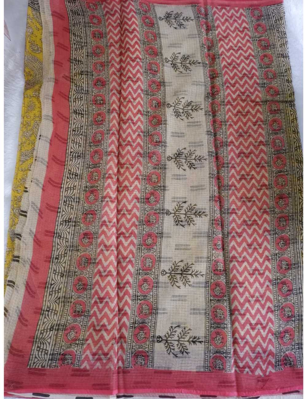 Mustard Kota Doria Saree with Pink Border