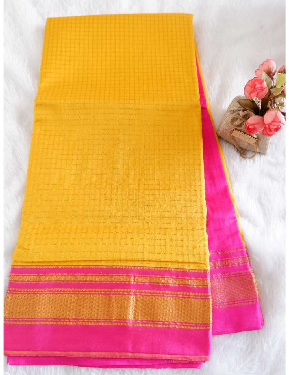 Ilkal Yellow Orange Checks Saree Online