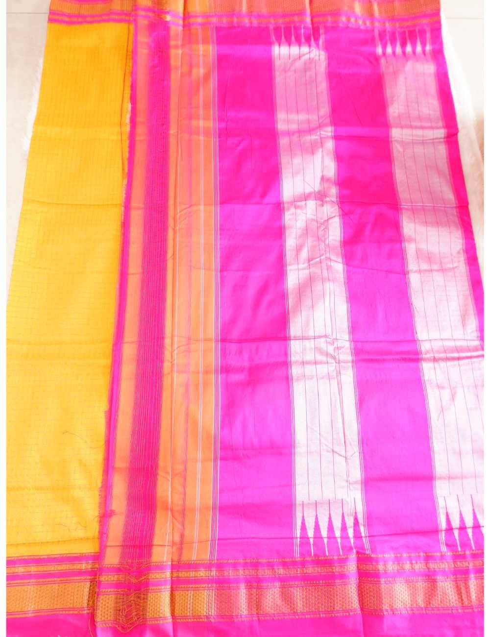 Ilkal Yellow Orange Checks Saree Online