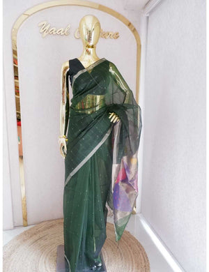 Bottle Green Muslin Sequin Saree Online