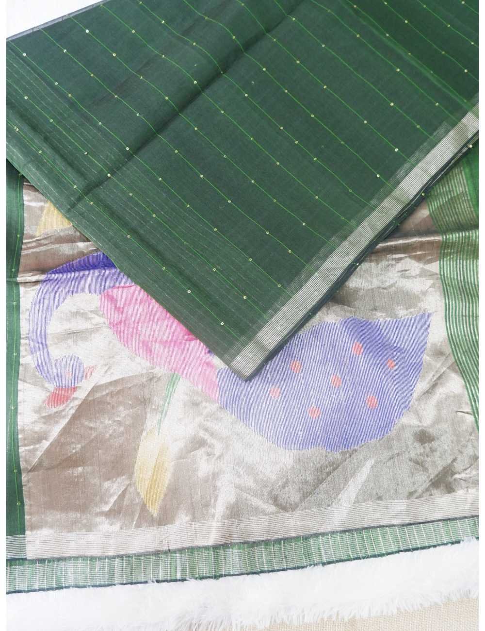 Bottle Green Muslin Sequin Saree Online