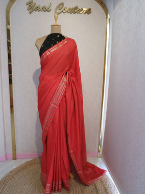 Assamese Handloom Red Saree with Black Contrast Blouse Online