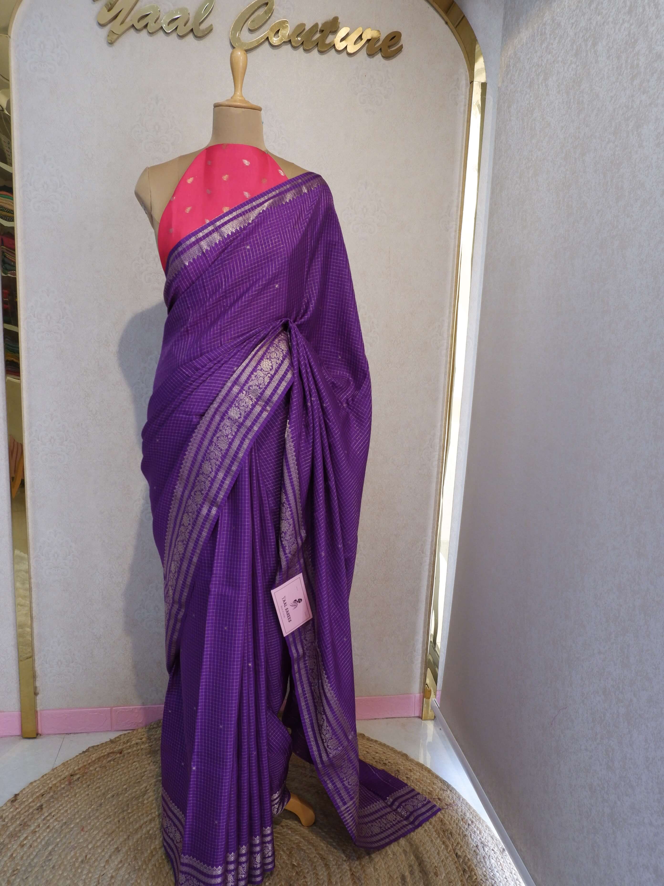 Assamese Handloom Violet Saree with Pink Contrast Blouse Online