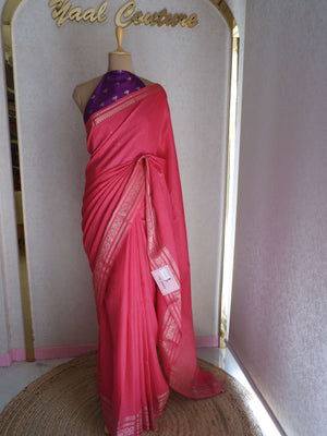 Assamese Handloom Pink Saree with Violet Contrast Blouse Online