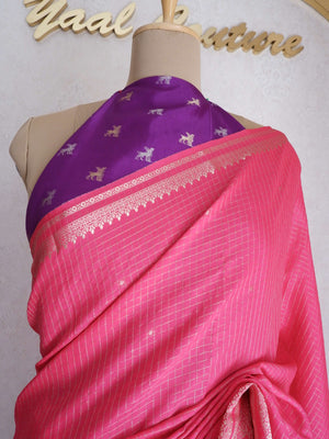 Assamese Handloom Pink Saree with Violet Contrast Blouse Online