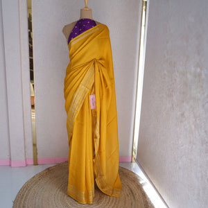 Assamese Handloom Mustard Saree with Violet Contrast Blouse Online