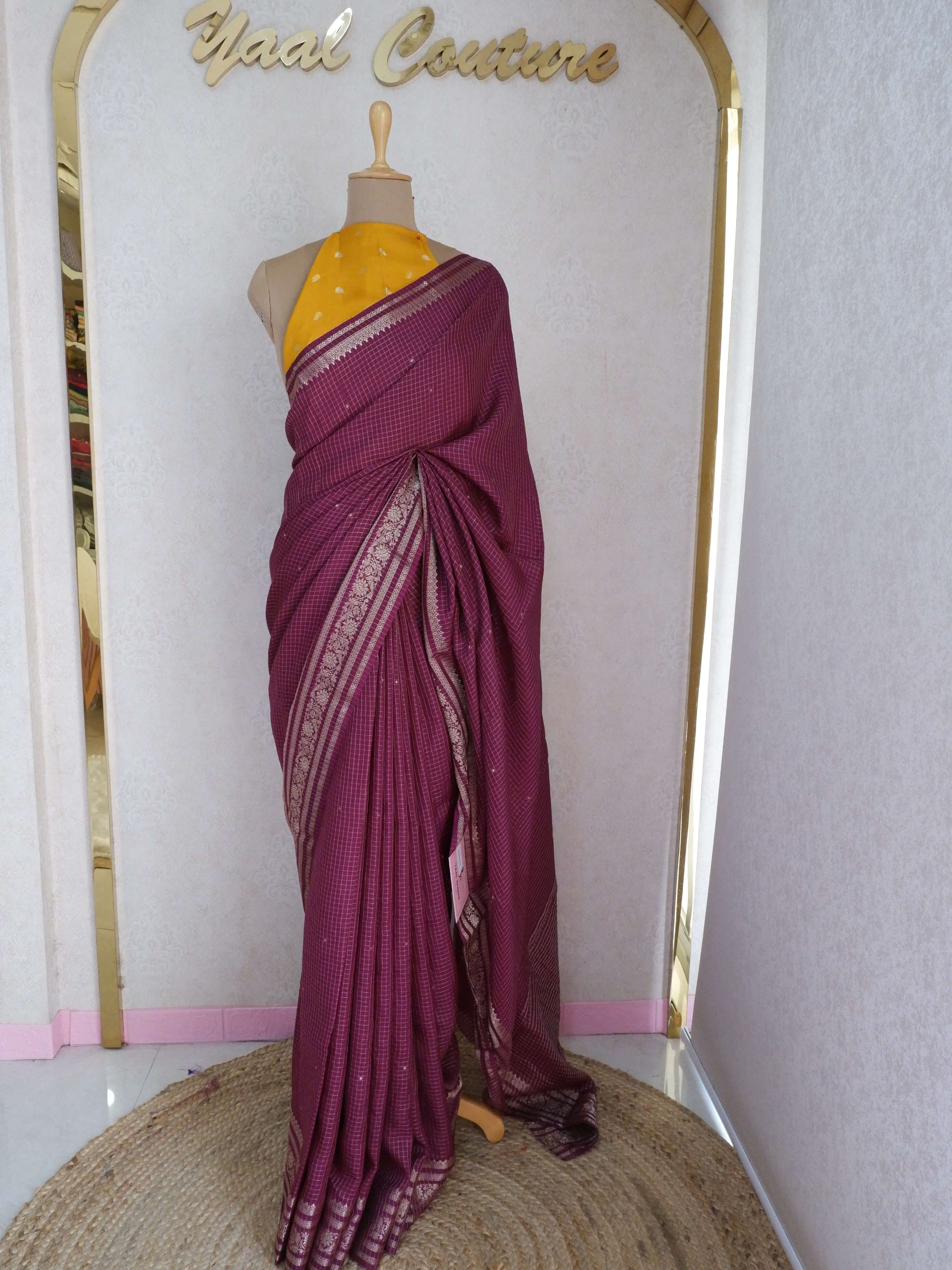 Assamese Handloom Wine Saree with Mustard Contrast Blouse Online