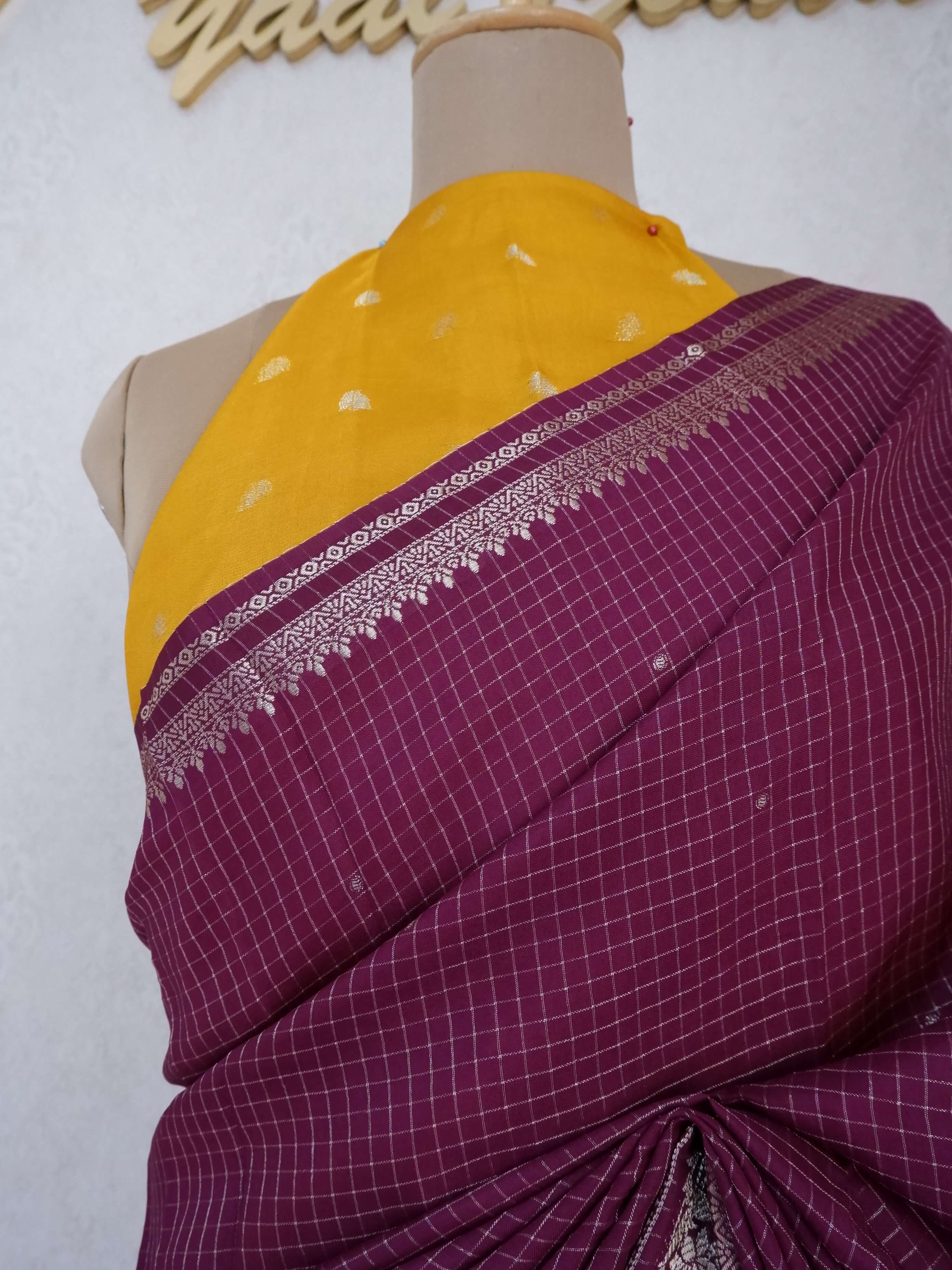 Assamese Handloom Wine Saree with Mustard Contrast Blouse Online