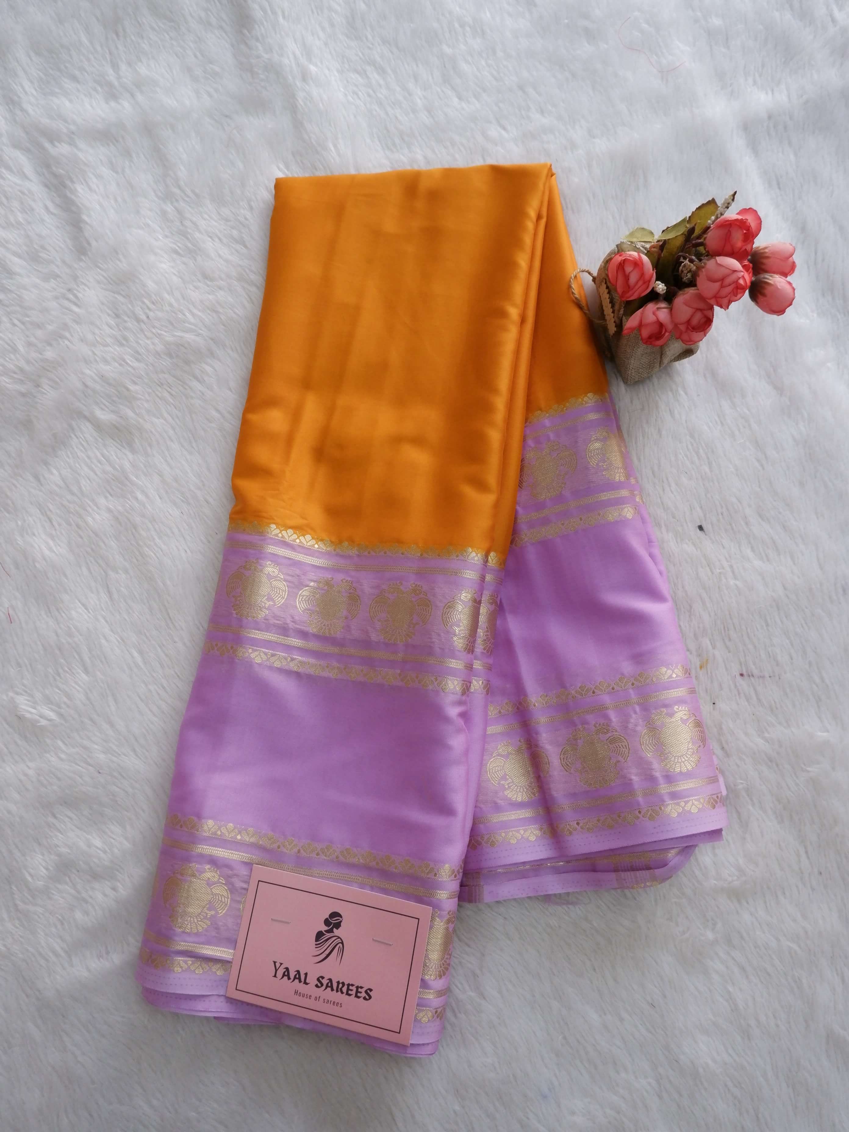 Semi Mysore Silk Saree in Mustard with Lavender Blouse