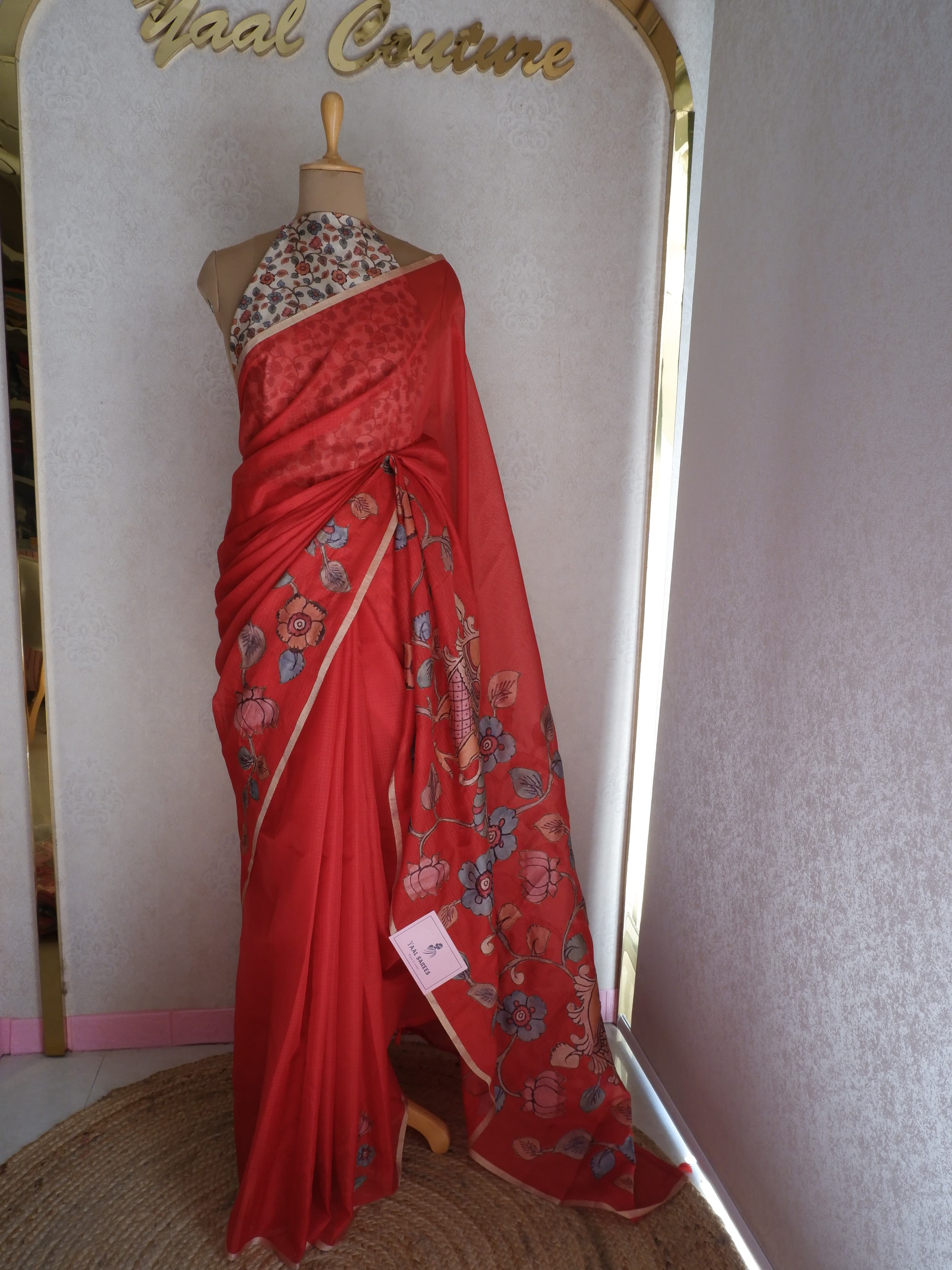 Kota Applique Work Red  Saree with Digital Print Blouse
