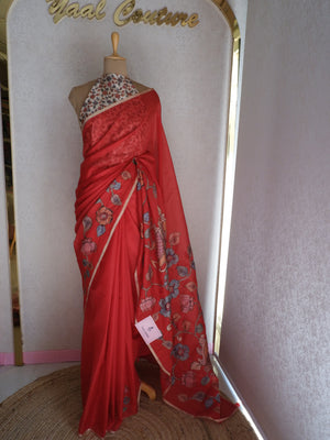 Kota Applique Work Red  Saree with Digital Print Blouse