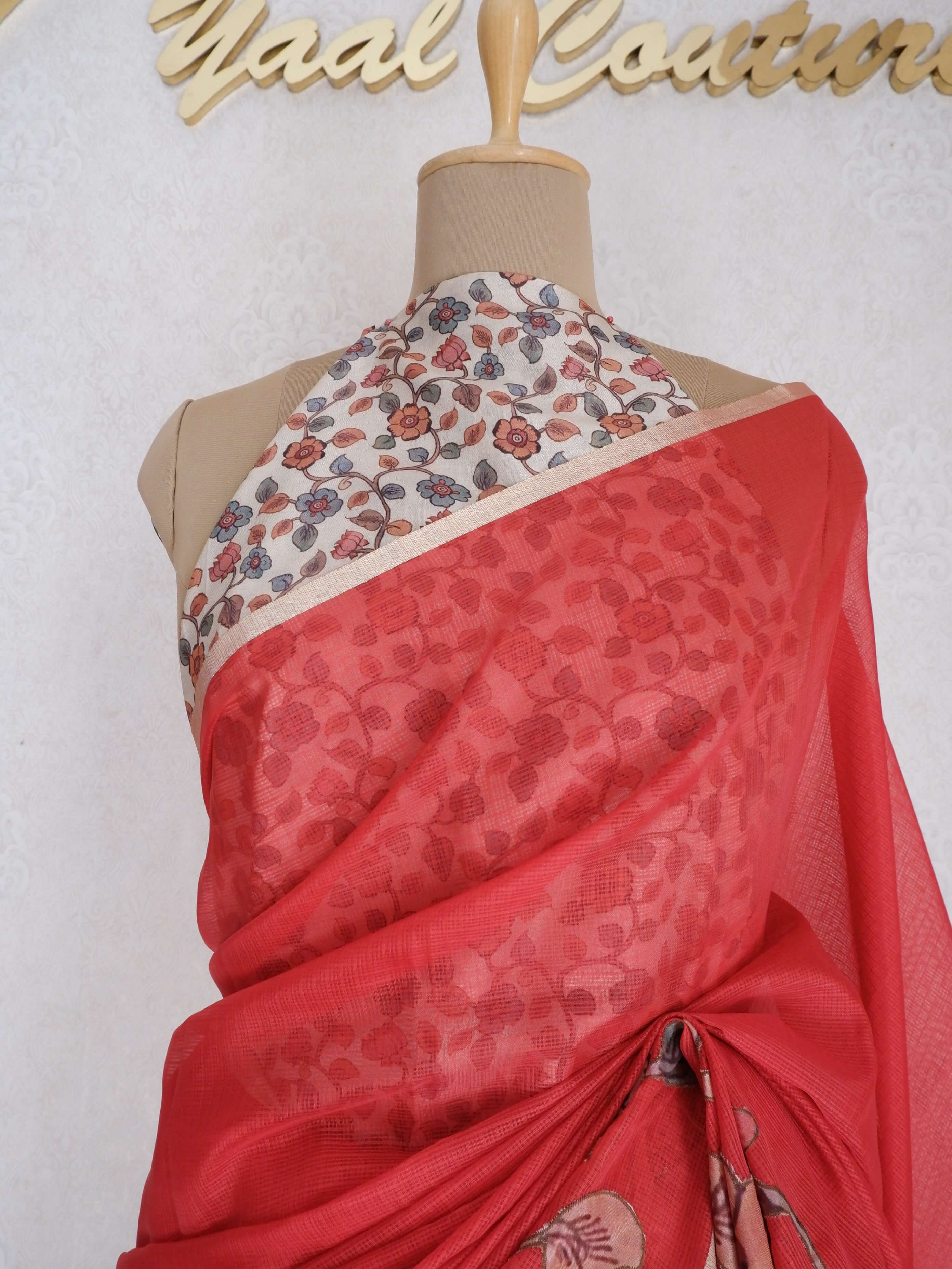 Kota Applique Work Red  Saree with Digital Print Blouse