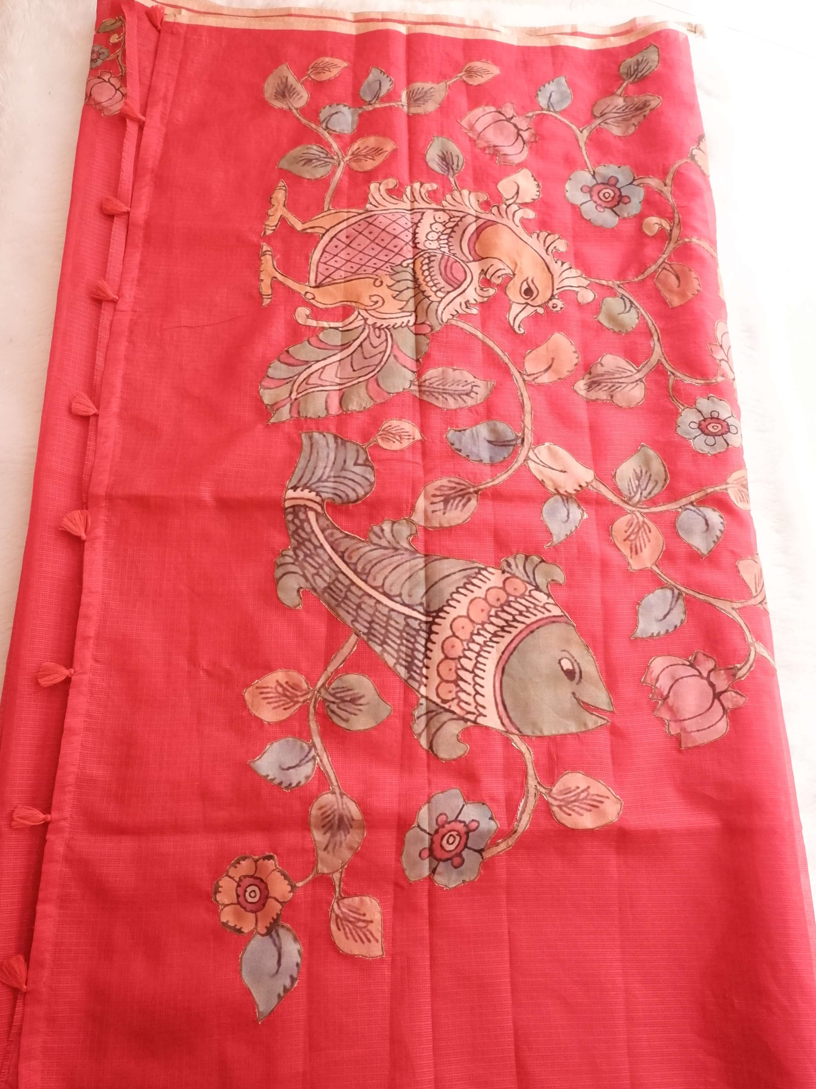 Kota Applique Work Red  Saree with Digital Print Blouse