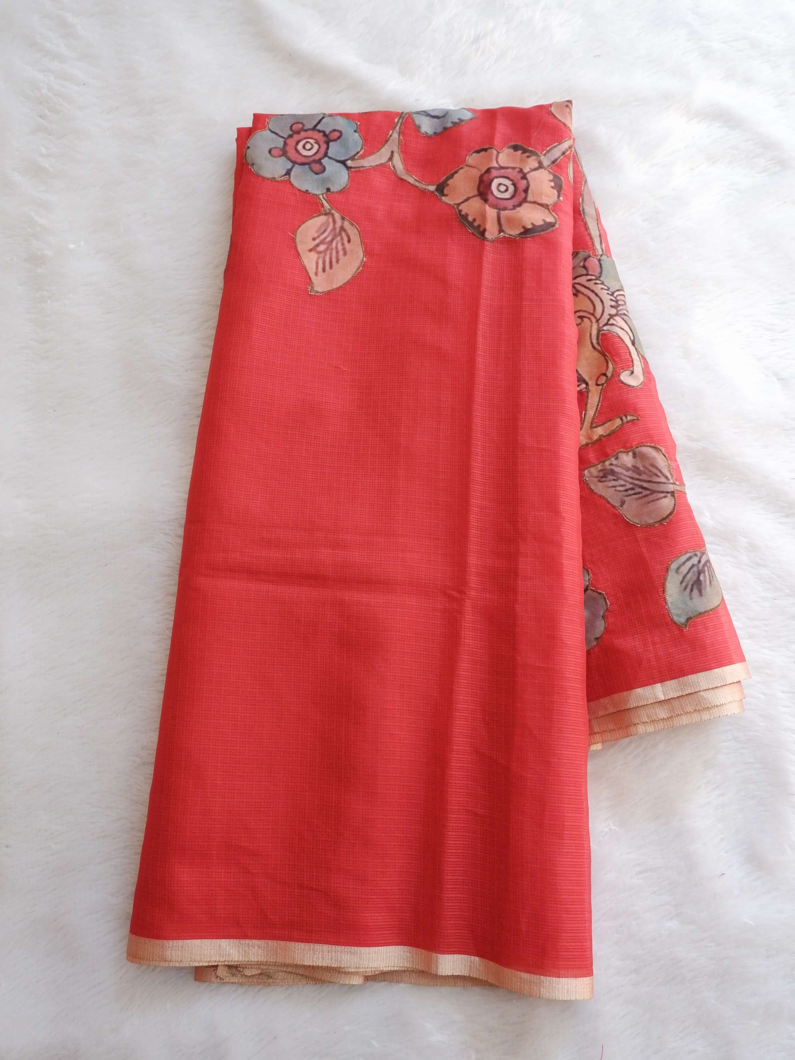 Kota Applique Work Red  Saree with Digital Print Blouse