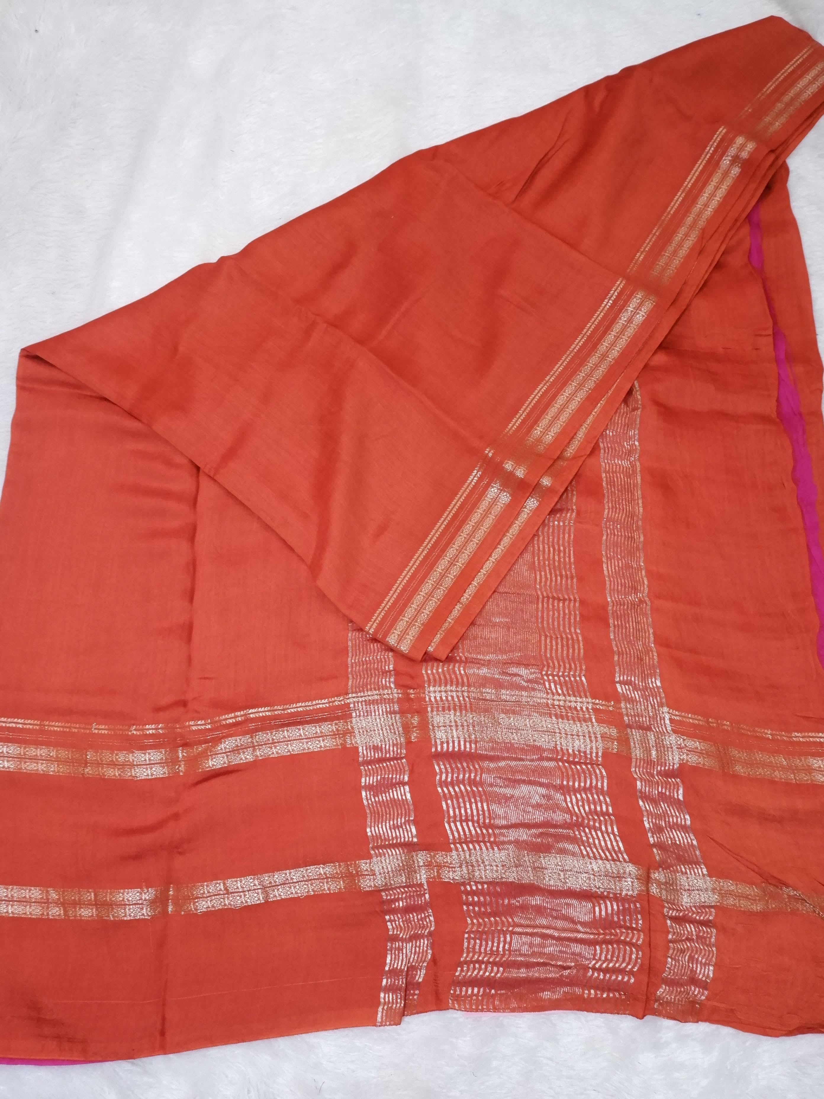  Assamese Handloom Rustic Red Saree with Pink Contrast Blouse Online