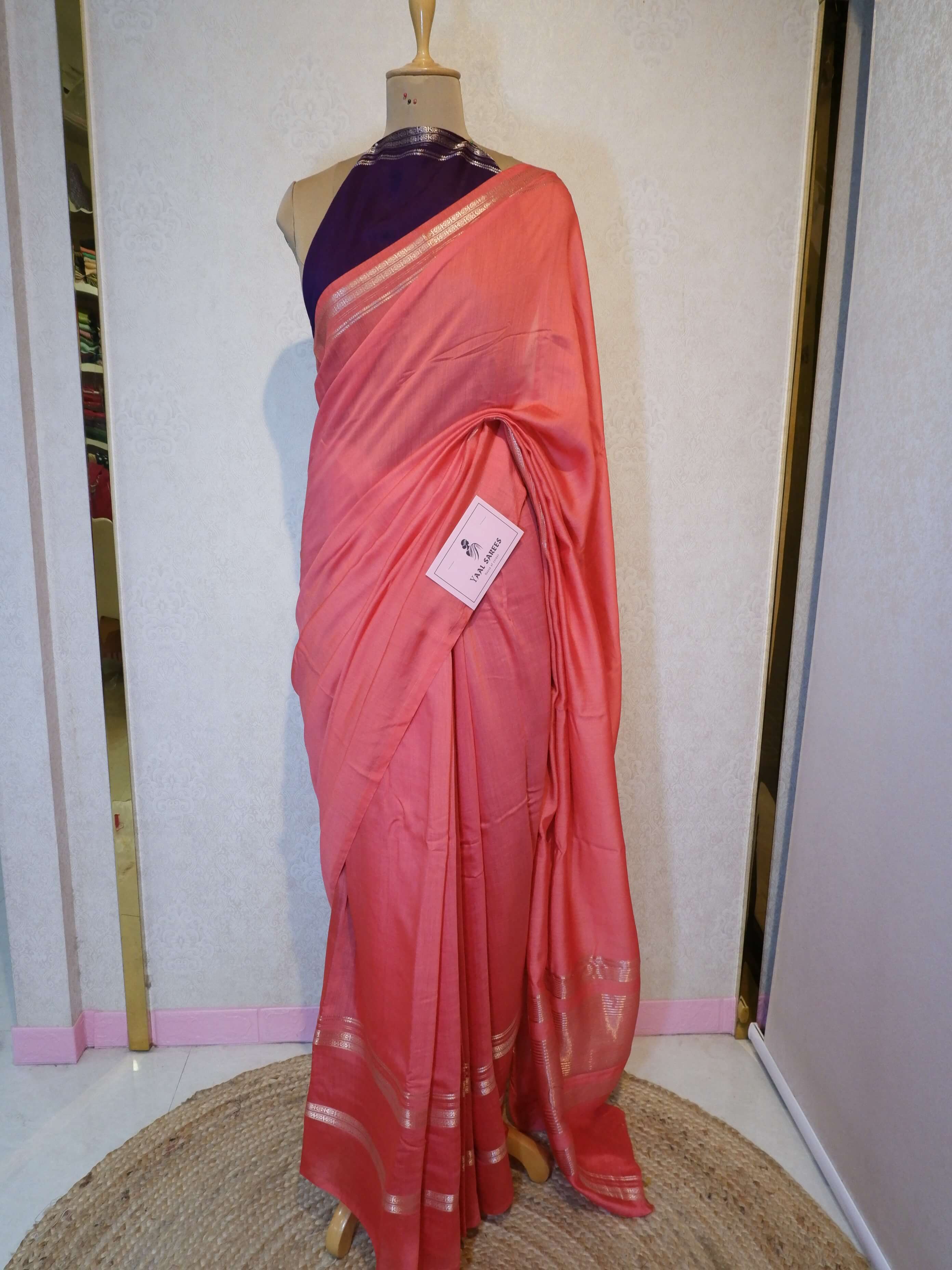 Assamese Handloom Peach Saree with Violet Contrast Blouse Online