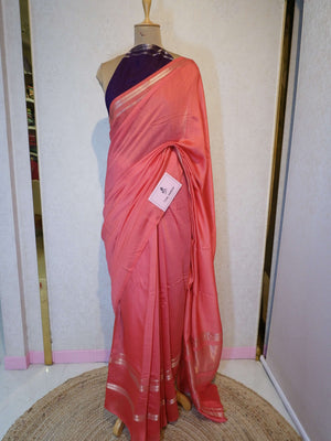 Assamese Handloom Peach Saree with Violet Contrast Blouse Online