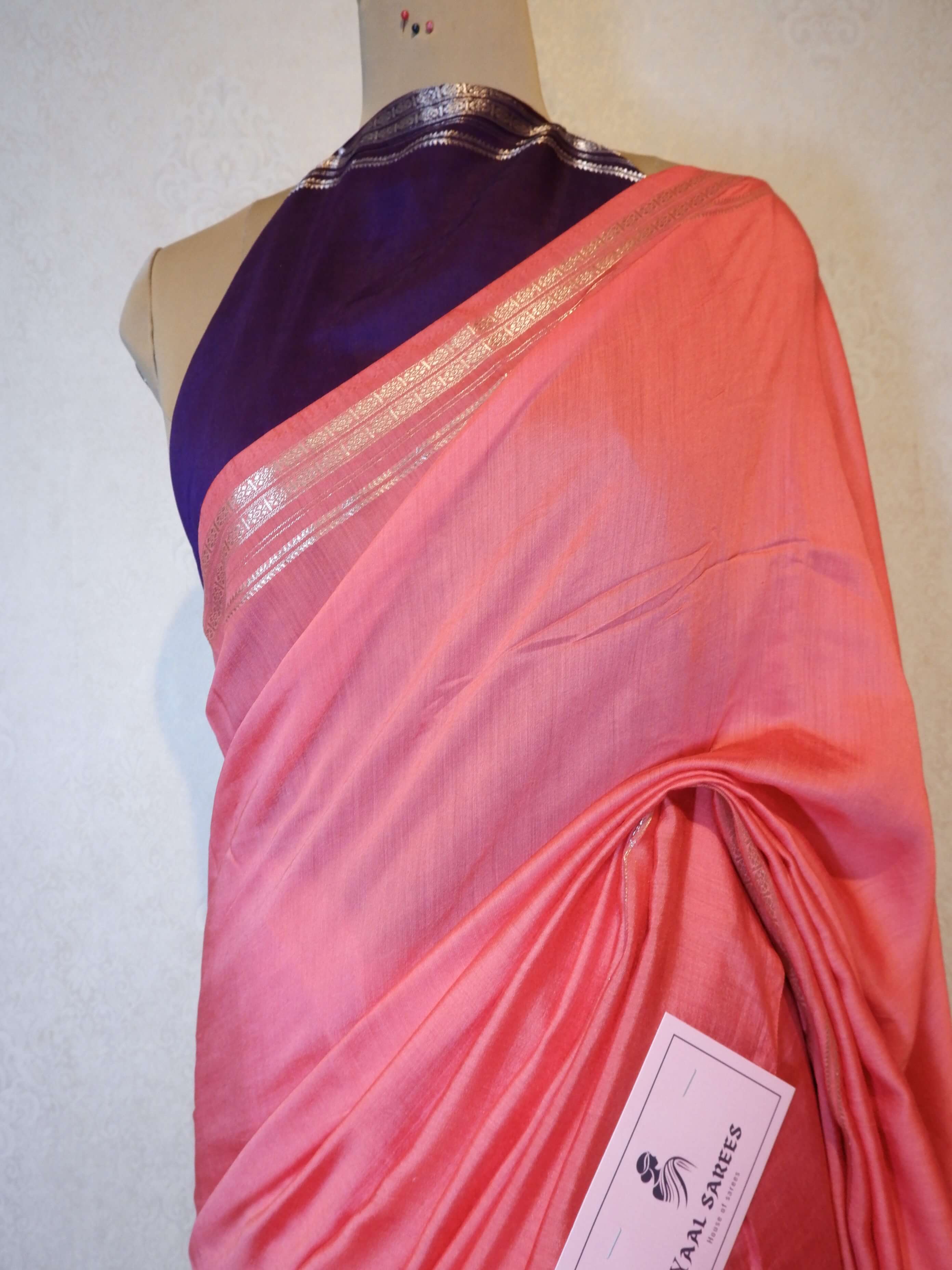 Assamese Handloom Peach Saree with Violet Contrast Blouse Online
