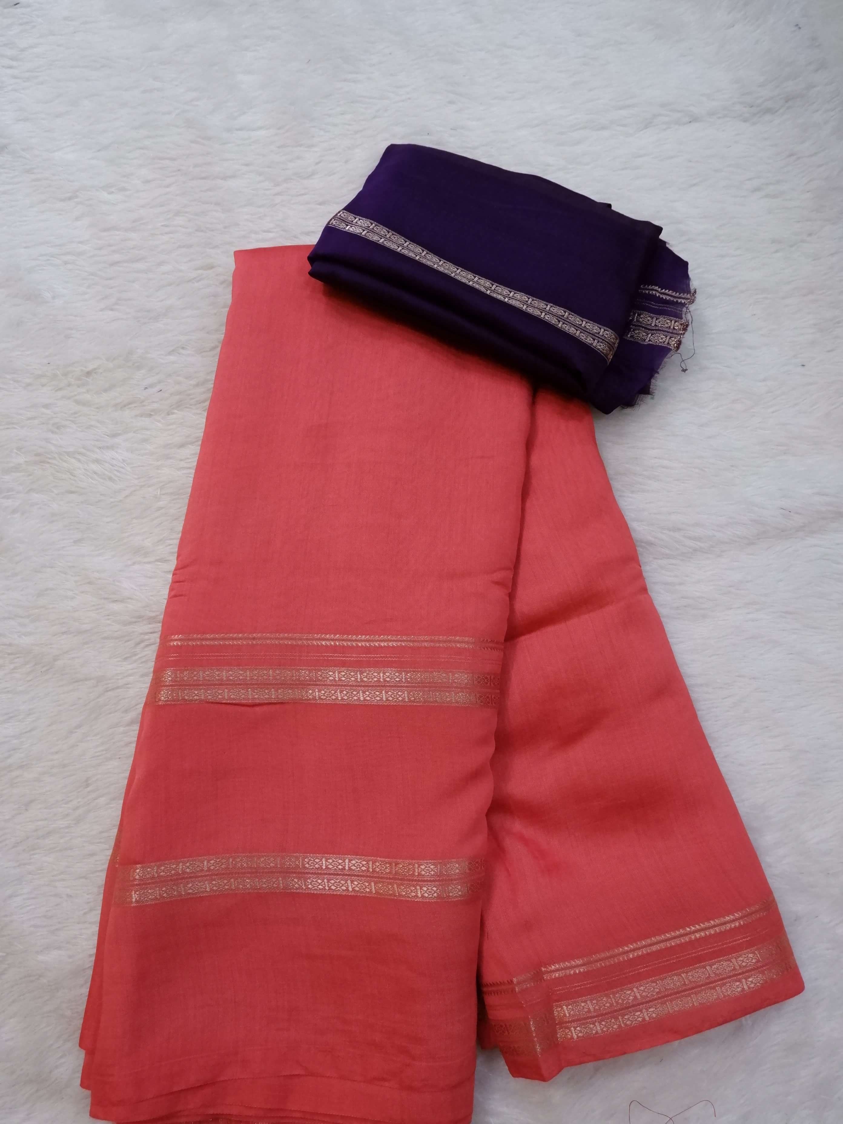 Assamese Handloom Peach Saree with Violet Contrast Blouse Online