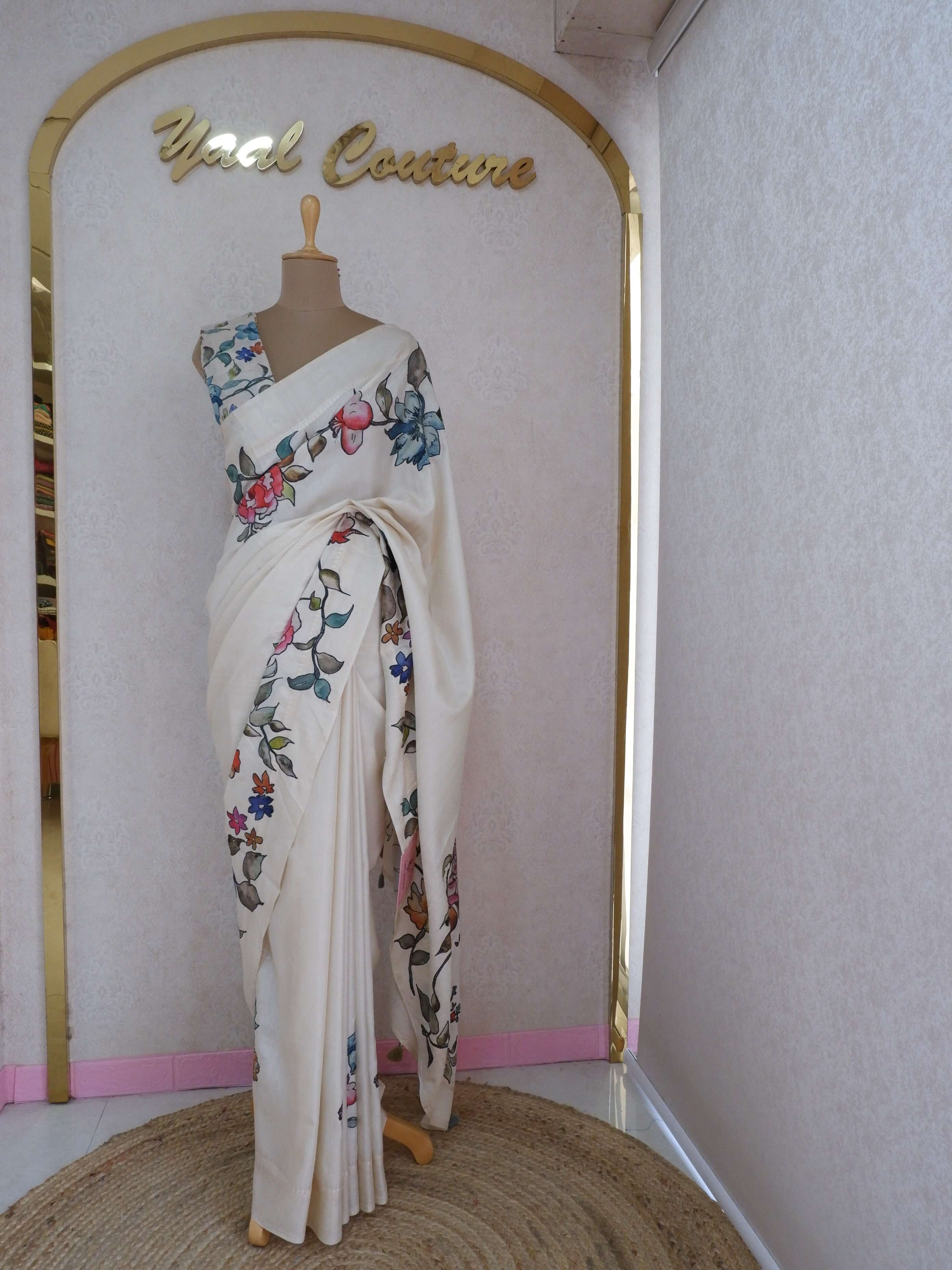 White saree with floral embroidery 