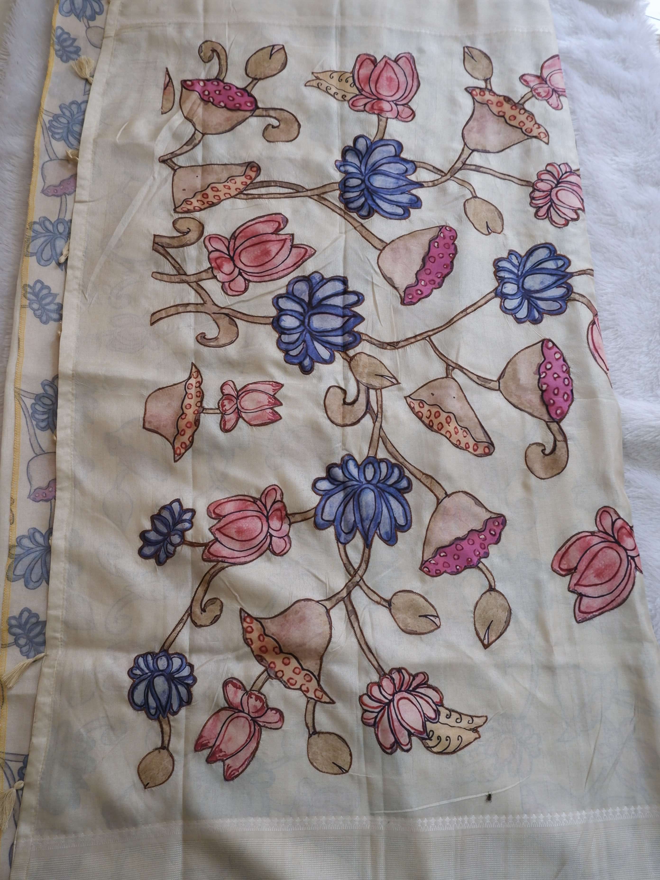 Semi Tusser Silk Saree with Applique Work Checks Lotus Design Online