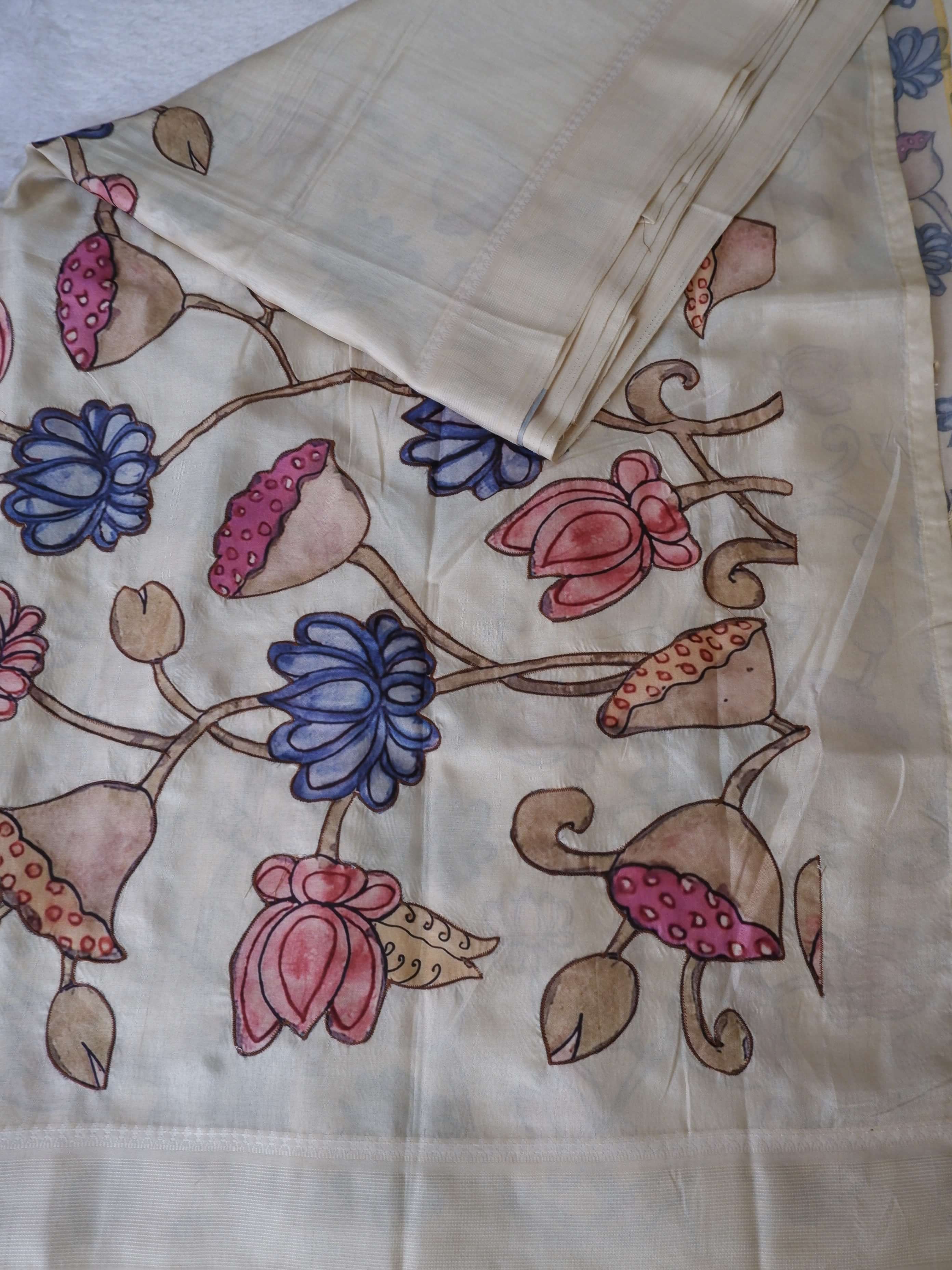 Semi Tusser Silk Saree with Applique Work Checks Lotus Design Online