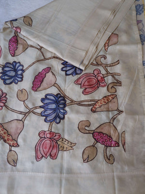 Semi Tusser Silk Saree with Applique Work Checks Lotus Design Online