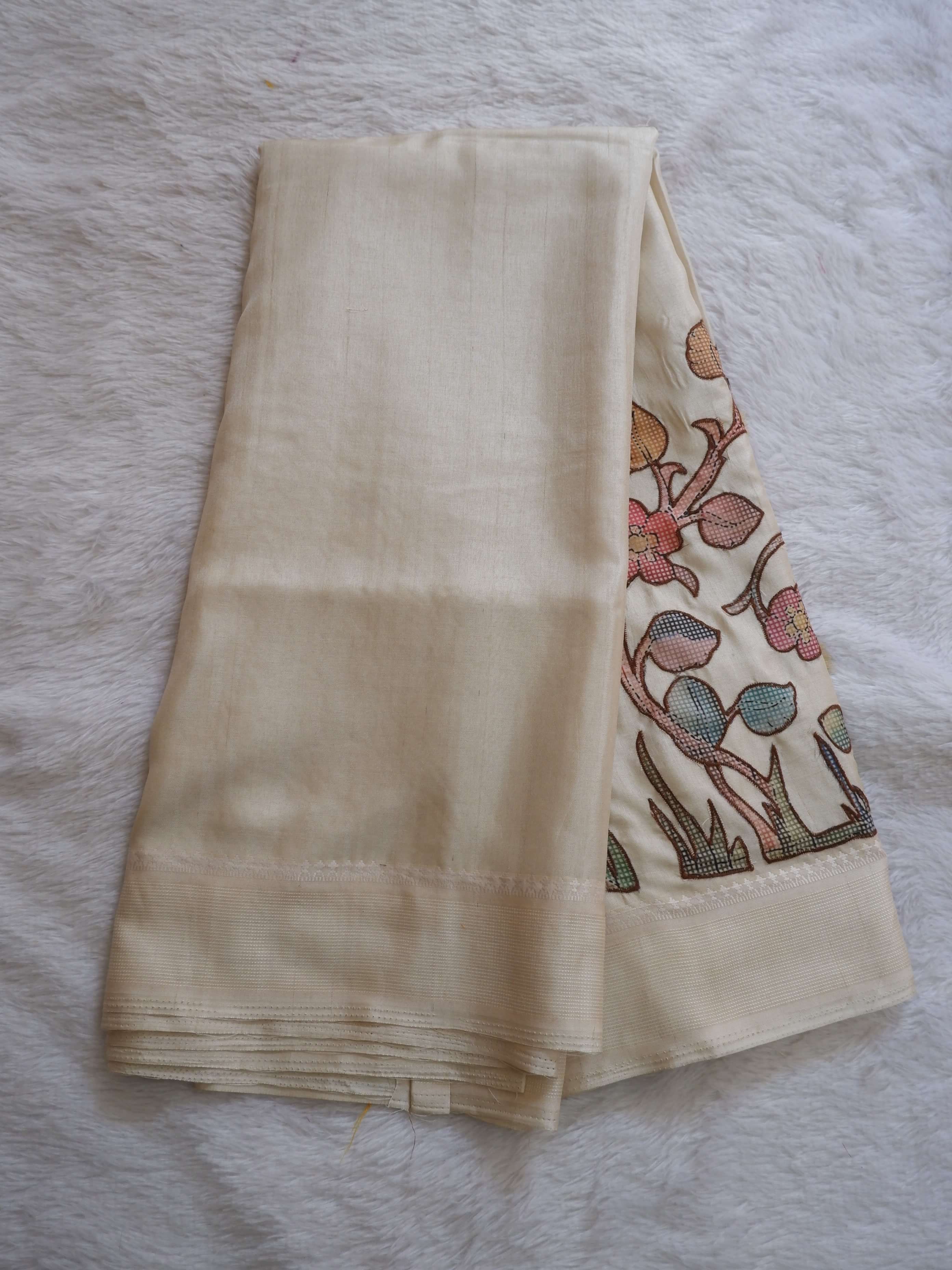 Semi Tusser Silk Saree with Applique Work Checks Design Online