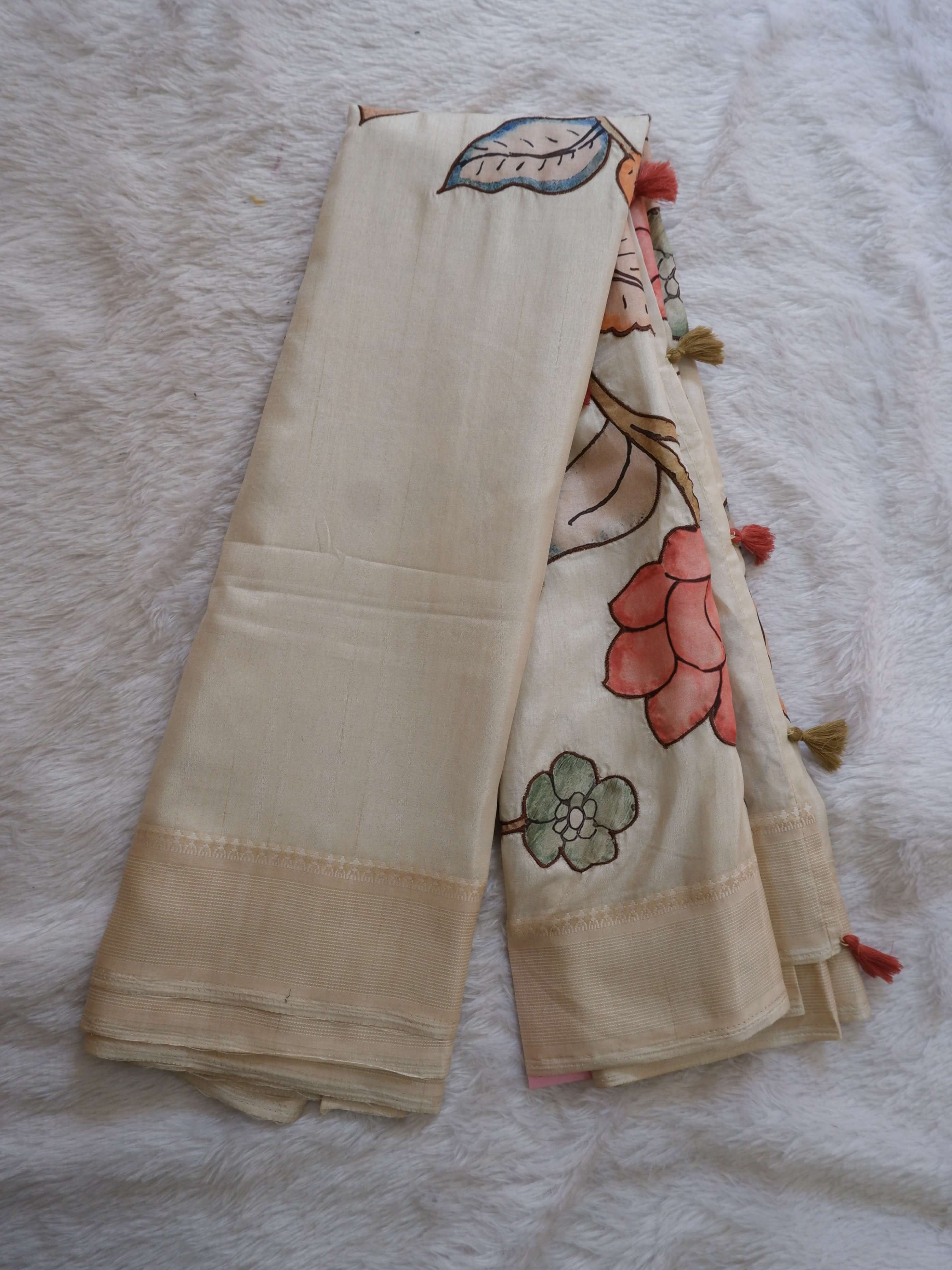 Semi Tusser Silk Saree with Hibiscus Applique Work Online