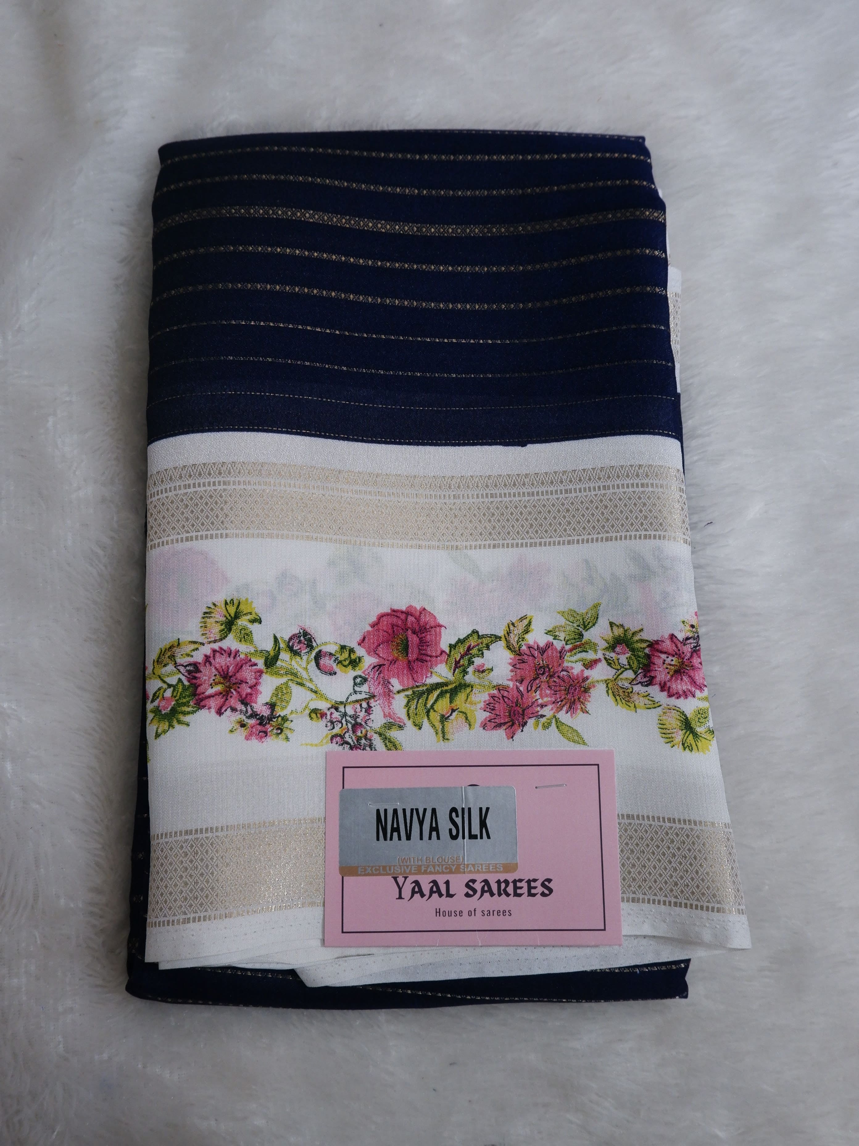 Blue and White Crepe Silk Saree Online