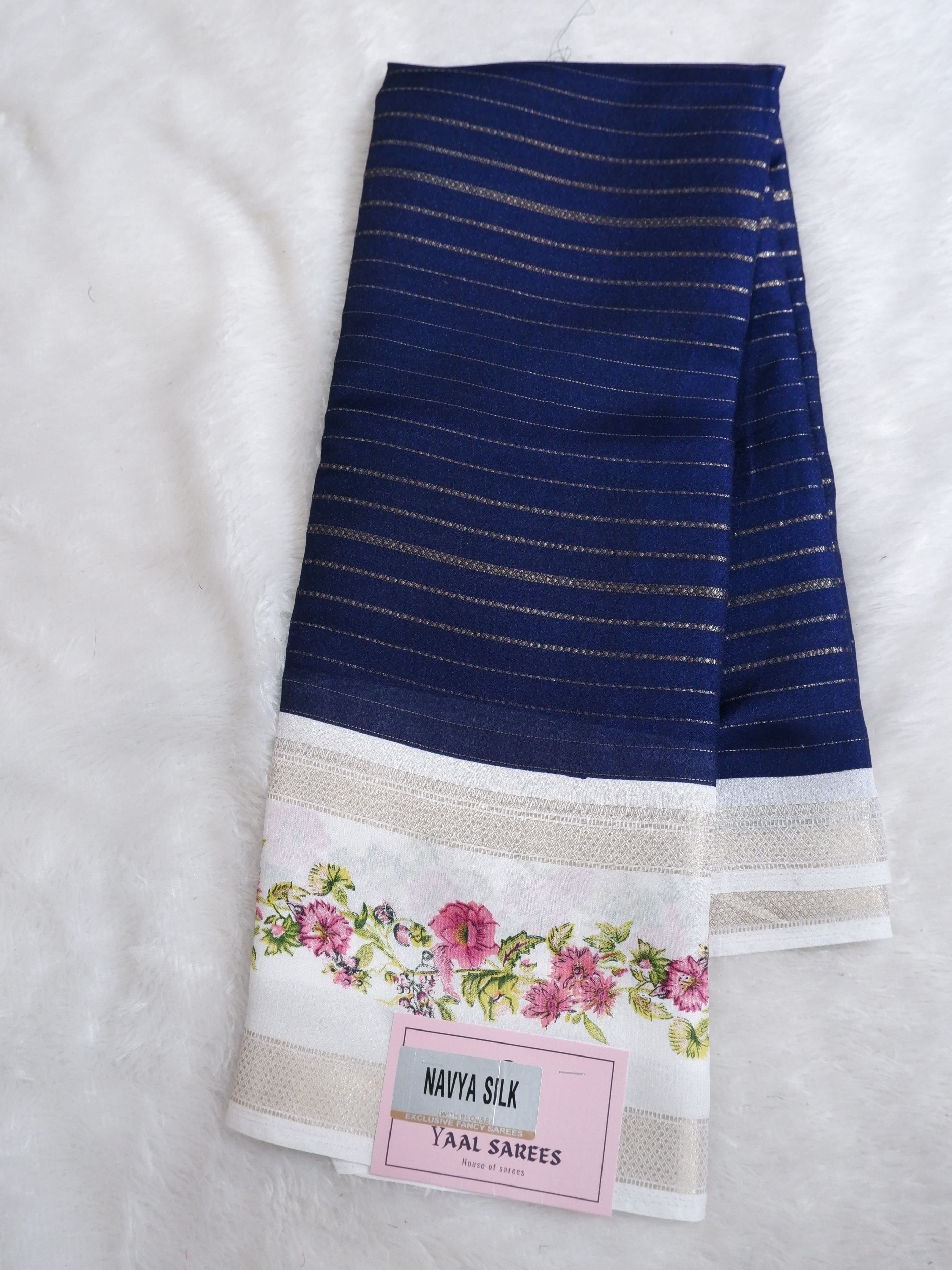 Blue and White Crepe Silk Saree Online
