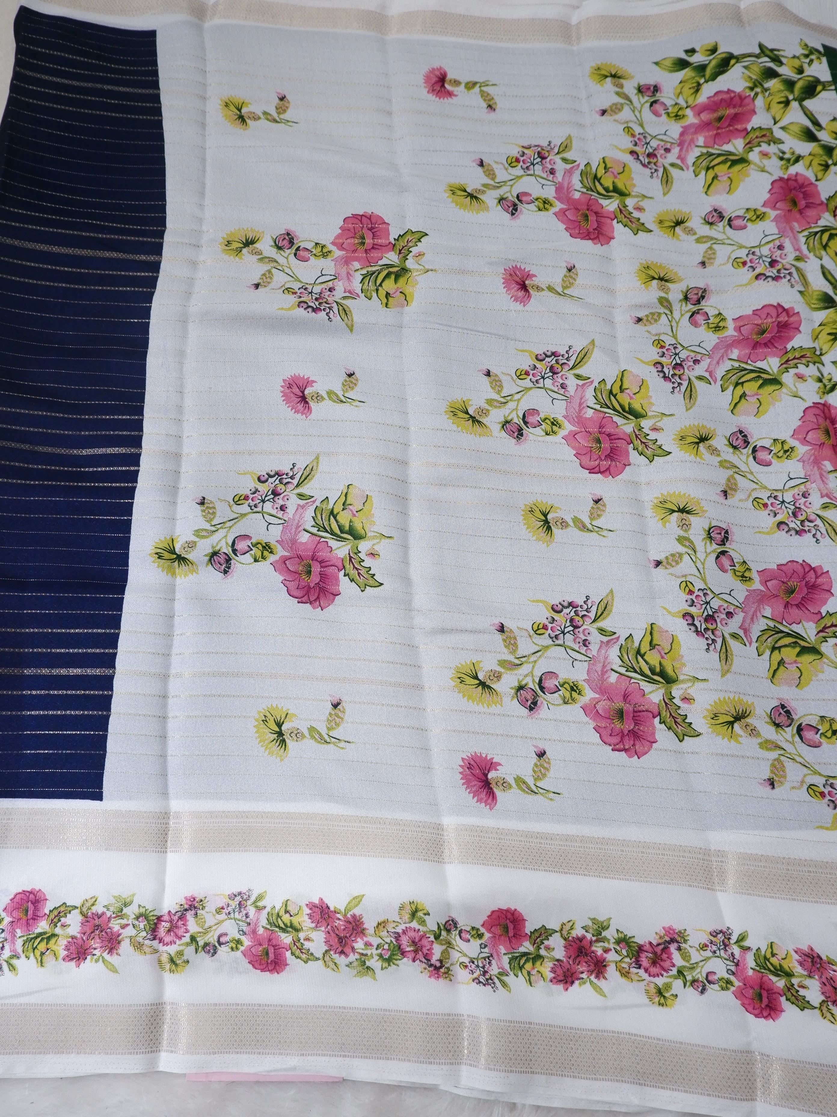 Blue and White Crepe Silk Saree Online