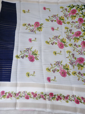 Blue and White Crepe Silk Saree Online
